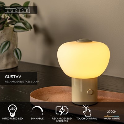 Lucide GUSTAV - Rechargeable Table lamp - Battery pack - Ø 8 cm - LED Dim. - 1x0,8W 2700K - Cream | Essential